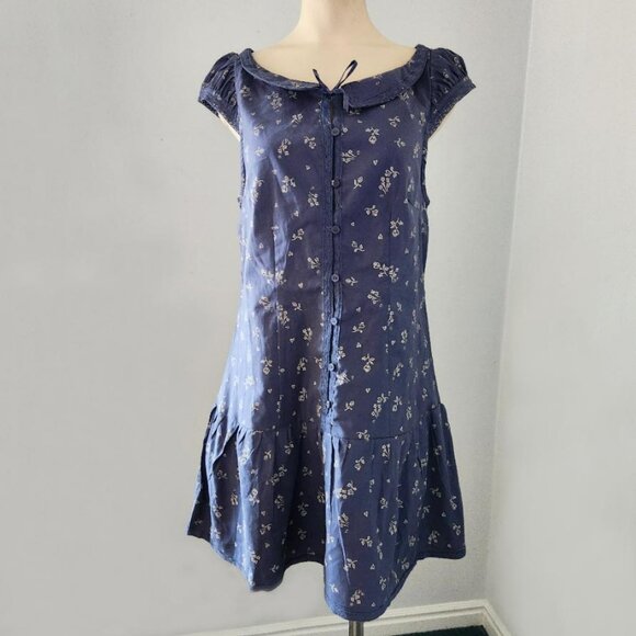 NWT size SMALL Free People BEASLEY Mini dress cotton navy floral collared blue - Picture 2 of 16